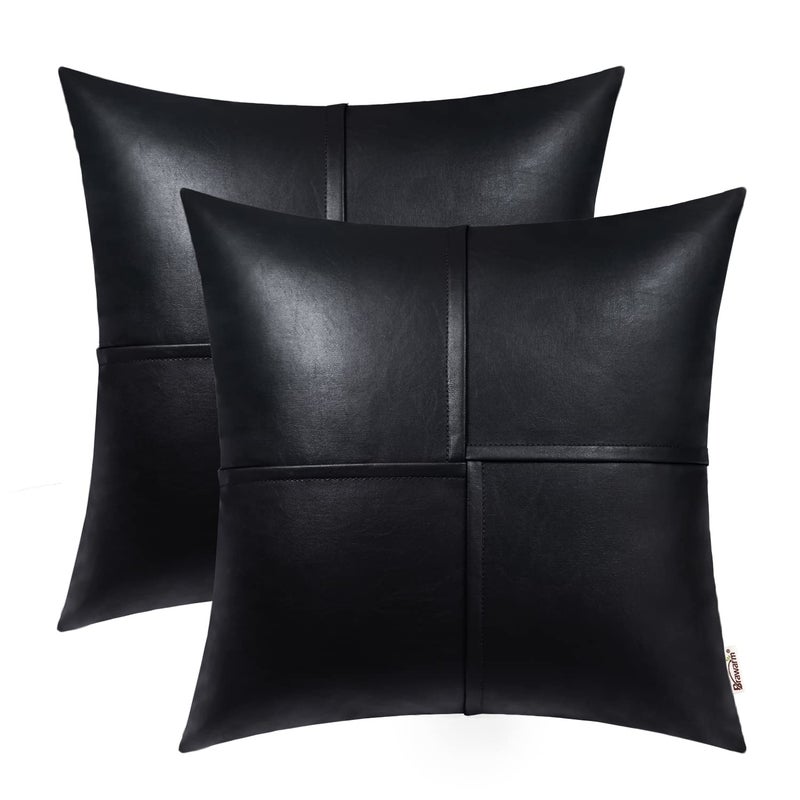 BRAWARM Faux Leather Throw Pillow Covers 18 X 18 Inches, Black Leather Pillow Covers Pack of 2, Hand Stitched Leather Decorative Throw Pillows for Couch Sofa Bed Living Room Home Garden - Image 1